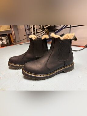 Dr. Martens Black Leather Fur-Lined Chelsea Booties with Yellow Welt